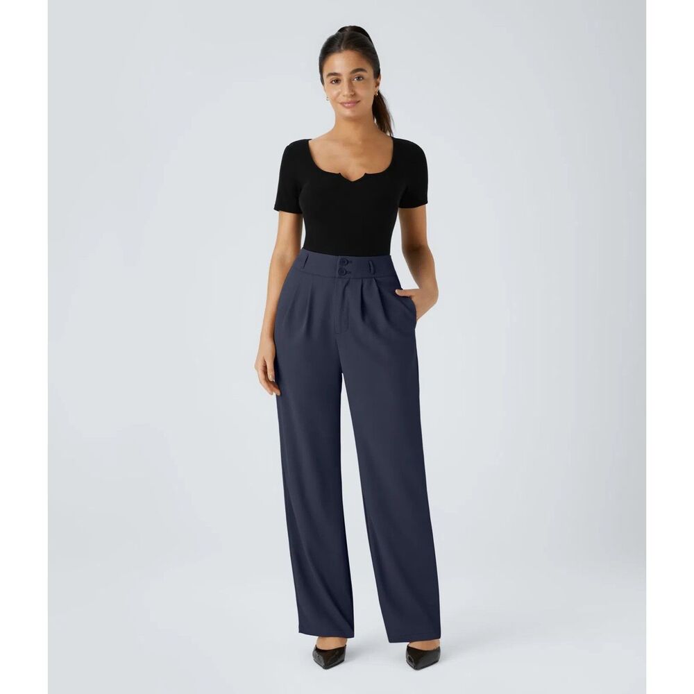 HALARA NWT High Waisted “Parisian Night” Navy Straight Leg Work Pant Size Medium - Picture 3 of 10
